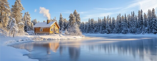 Winter mountain landscape with snowy forest, lake, cottage and morning mist reflecting shadows.n 