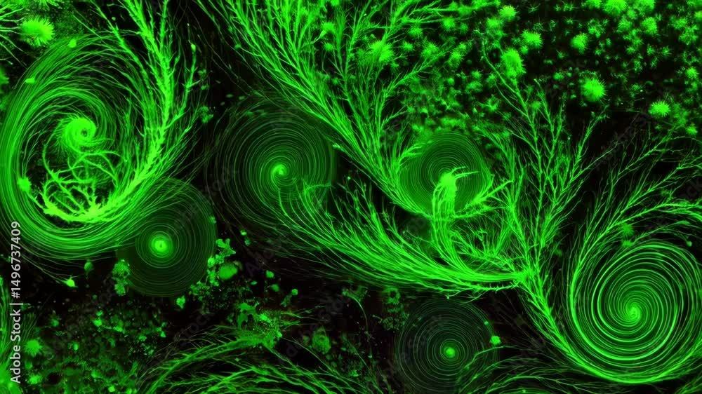 Poster abstract green luminous swirls and branching patterns on dark background, dynamic circular organic d