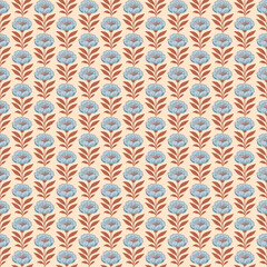 Fototapeta premium Floral pattern, blue, orange tones, fabric pattern, background, wallpaper