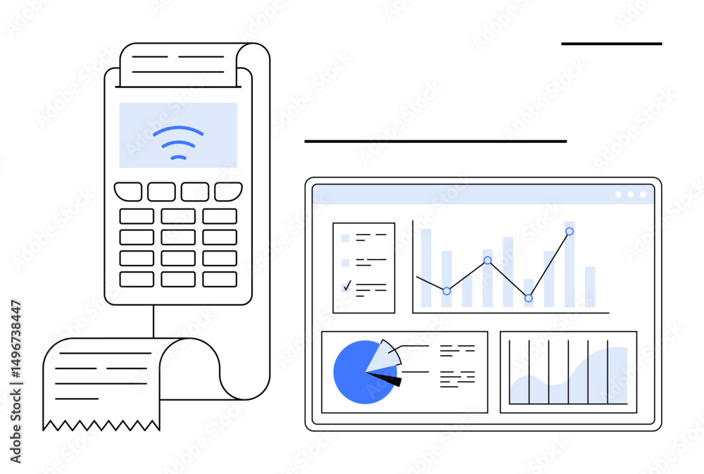 Poster payment terminal processing receipt alongside a financial dashboard with charts and data. ideal for 
