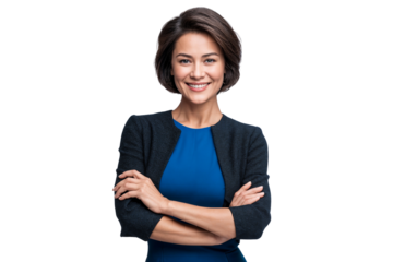 Portrait of a smiling coach and manager in a company, posing with crossed arms, isolated on a transparent background