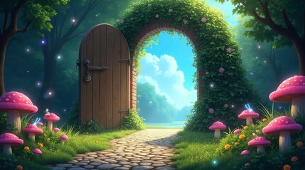 Open wooden door to tiny fantasy world with greenery walls and flowers