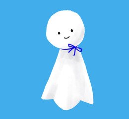 水彩風青いリボンのてるてる坊主