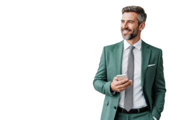 Professional corporate businessman in formal attire holding a phone, isolated on white background