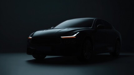Fototapeta premium Sleek black with modern headlights photographed in minimalist studio setting, ideal for automotive marketing and design presentations.