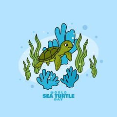 World Sea Turtle Day to celebrate on June 16th. A cute sea turtle with sea plants and coral reef on sky blue background.