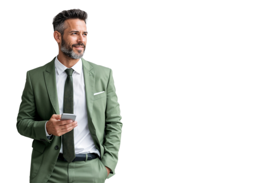 Confident businessman in a green suit holding a smartphone, smiling and looking away, isolated on transparent background