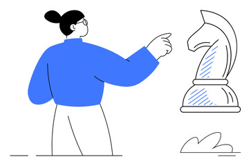 Person gestures towards a chess knight piece, symbolizing decision-making and strategy planning. Ideal for leadership, strategic thinking, goal setting, critical decisions, innovation, planning