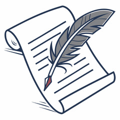 Feather quill pen on paper, transparent background, Vector illustration, icon.

