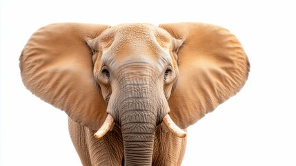 Naklejka premium Majestic elephant portrait, ivory tusks, large ears, white background