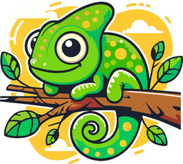 Cute Vector Chameleon Cartoon Sitting on Tree Branch with Leaves and Yellow Background – Colorful Flat Style Animal Illustration for Kids