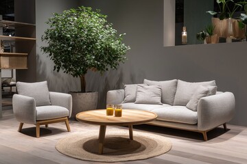 Modern living room featuring a cozy sofa and armchair, surrounded by greenery and soft lighting