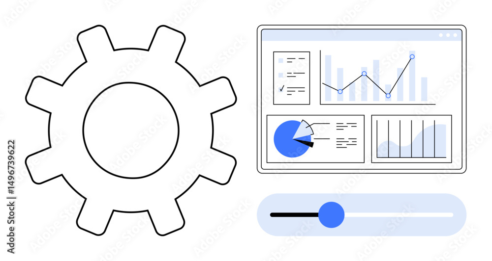 Poster gear symbol, interactive slider, and analytics dashboard with charts. ideal for data analysis, optim