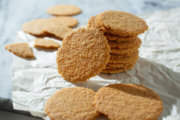 A view of a stack of coconut cookies.