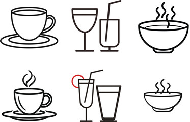 6 icons of restaurant items, vector line art icons