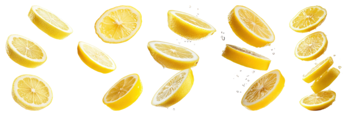 PNG Fresh vibrant lemon slices floating, element set on transparent background