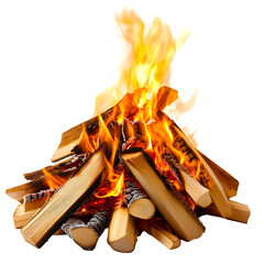 Burning Firewood Pile with Bright Flames - Isolated on transparent background