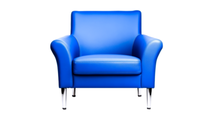 Vivid blue armchair, silver legs, studio furniture piece, cut out transparent