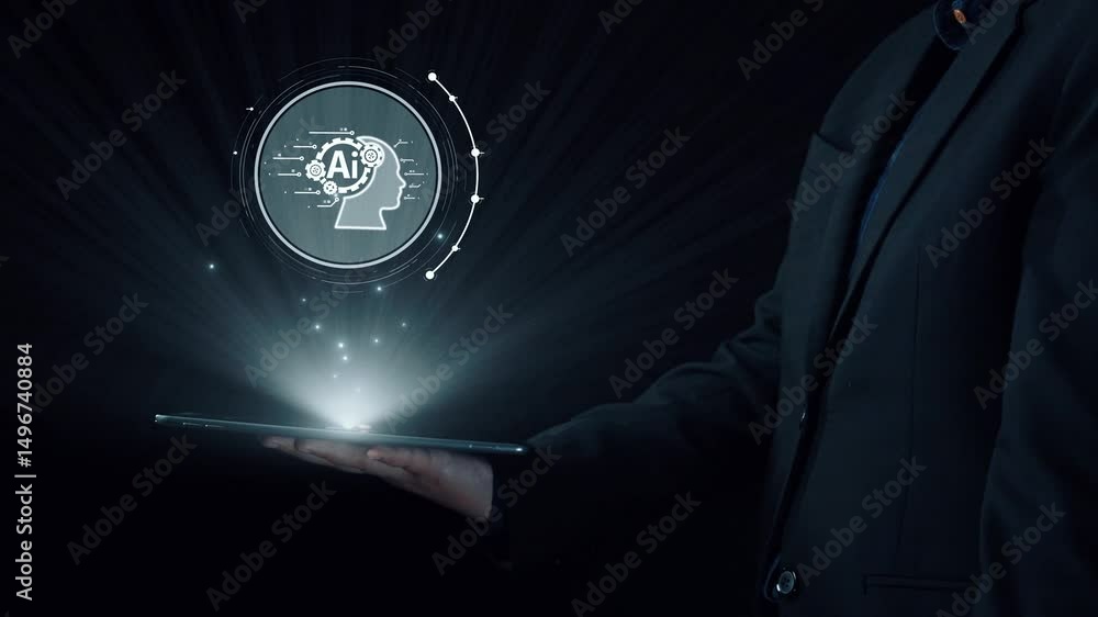 Poster human interact with ai artificial intelligence brain processor in concept of ai artificial intellige