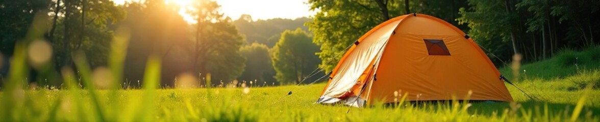 Happy family camping adventure, spacious dome tent pitched in a lush green meadow, sunny day, nature, relaxation, outdoor recreation ,  trees,  picturesque,  spacious