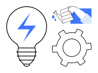Lightbulb with lightning bolt, gear, and hand watering action symbolizing innovation, growth, and mechanisms. Ideal for creativity, technology, progress, development teamwork motivation simple