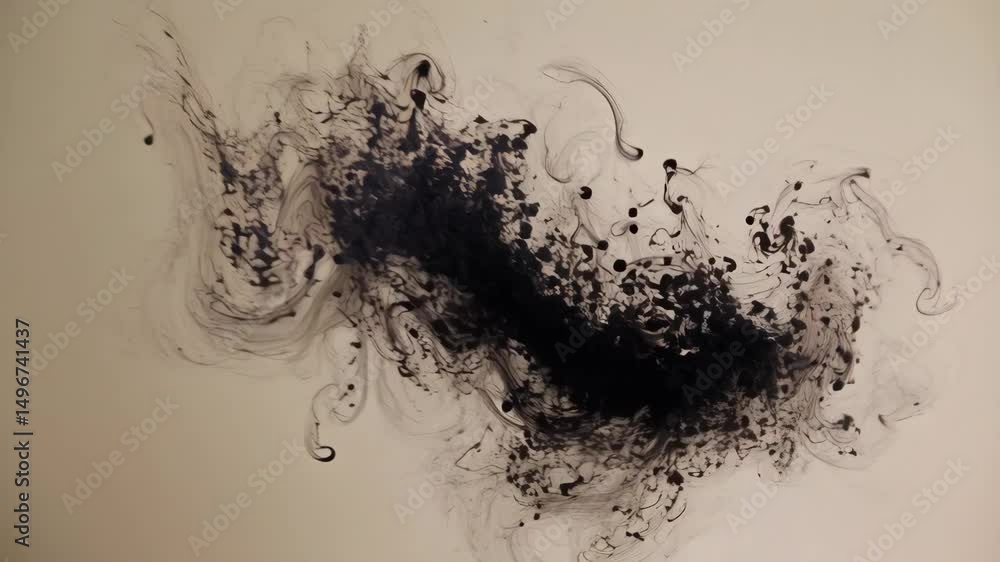 Poster abstract visualization of black ink dispersing and swirling slowly within a clear liquid, creating u