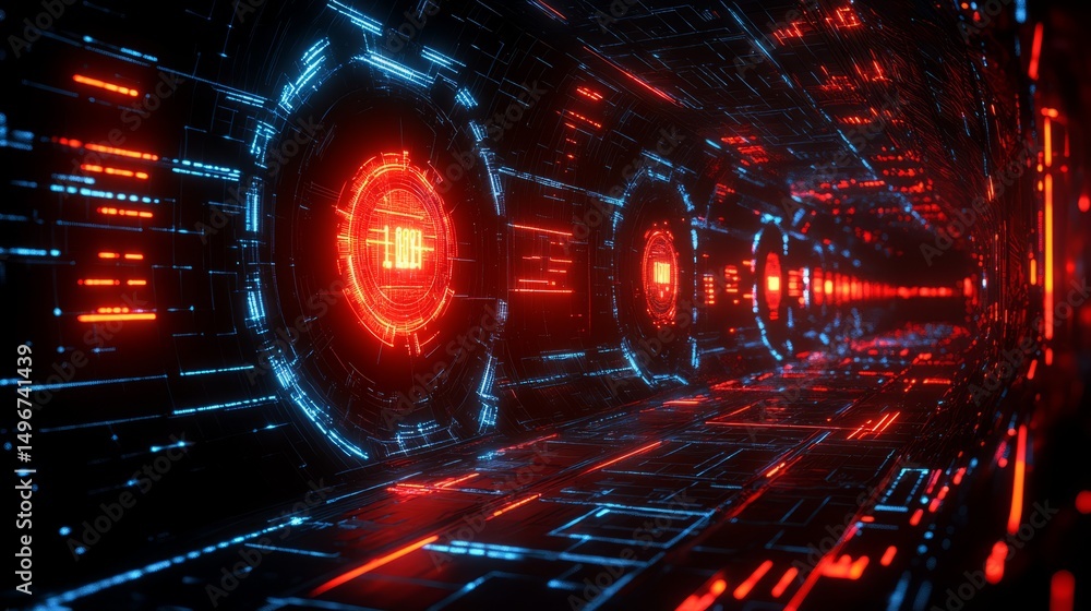 Aufkleber cybernetic corridor: an abstract digital art depicting a futuristic tunnel lined with glowing red an