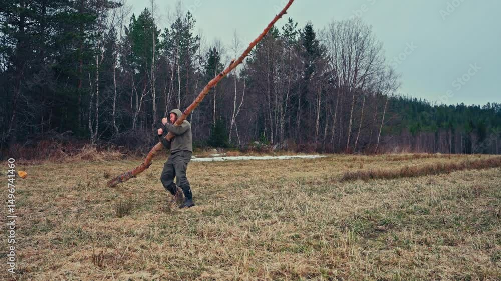 Aufkleber a man is lifting a heavy tree trunk in an open field, bordered by a dense forest - static shot
