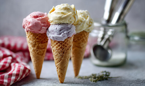 Three colorful ice cream cones strawberry lavender and vanilla arranged in a row on a gray surface with a blurred background evokes summer and sweet - Powered by Adobe