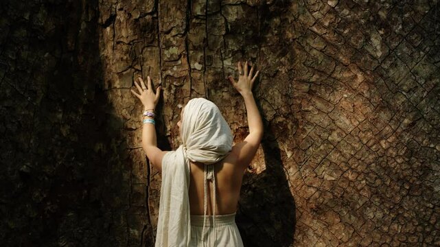 A woman dressed in white gently places her hands on the bark of a sacred Ceiba tree, immersed in a spiritual moment within Tikal&rsquo;s jungle.