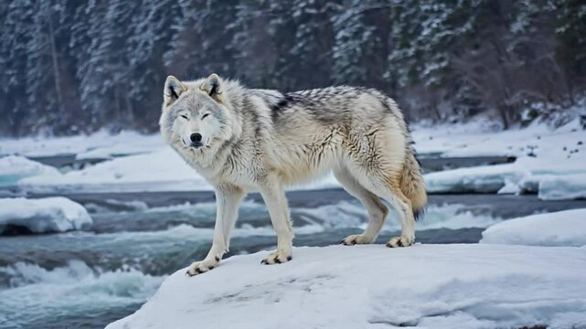 White arctic wolf walking confidently on icy terrain during winter, majestic wild predator in snow covered landscape