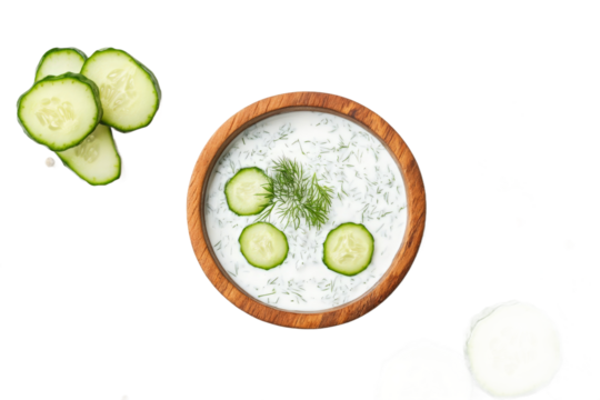 A fresh bowl of creamy cucumber yogurt dip garnished with dill and cucumber slices, set against a clean, white background, showcasing a healthy appetizer ideal for summer gatherings