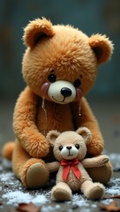A teary-eyed cartoon teddy bear kneeling beside a torn and stitched friend on the ground, with stuffing scattered like snow.

