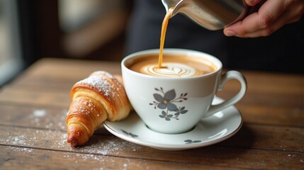 Coffee latte being poured into a cup with a croissant on a wooden table