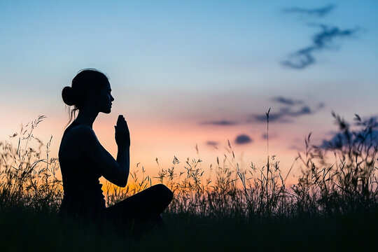 Silhouette of a serene woman in contemplation, surrounded by nature at sunset