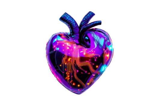 Heart Shape with glowing circuit lines, cut out transparent