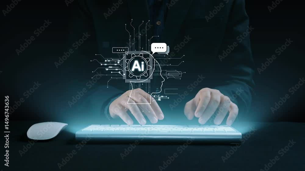 Poster human interact with ai artificial intelligence brain processor in concept of ai artificial intellige