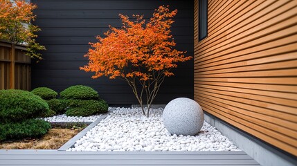 A modern minimalist Japanese-inspired garden with a small tree, white stones, round shrubbery, and a spherical stone ornament beside a contemporary wooden wall.