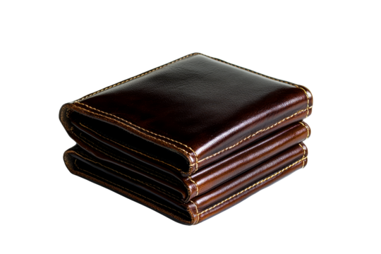 Stack of brown leather wallets, stitched border detail, cut out transparent