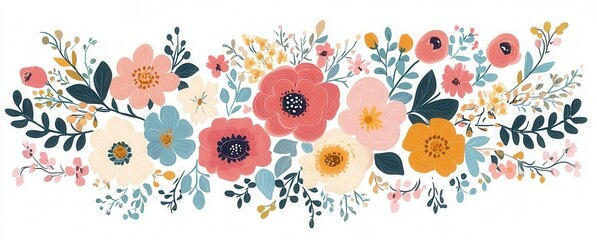 Vibrant Floral Arrangement with Colorful Blossoms Set Against a White Background Featuring Various Flowers and Greenery in a Decorative Style