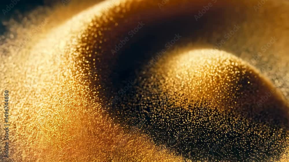 Poster abstract golden glitter dust flowing dynamically, soft lighting creating depth and texture in a shim