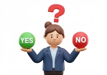 3D Illustration of Cartoon woman deciding between yes and no isolated on white background