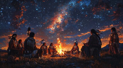 Native American Elders Share Stories Around Campfire Under Breathtaking Starry Night Sky - Milky Way Galaxy, Tribal Gathering, Spiritual Ceremony, Traditional Clothing, Cultural Heritage, American