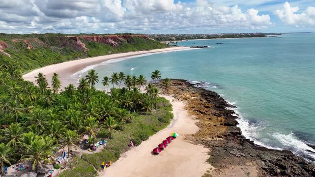 Coqueirinho Beach In Conde Paraiba Brazil. Aerial View Of Stunning Beach With Crystal Clear Waters. Coast Clouds Sky Seaside Summertime. Coast Remote Location Tropical Environment. Conde Paraiba.