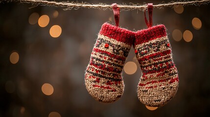 Christmas Stockings Hanging on Rope with Bokeh Lights - Festive Holiday Decoration, Cozy Winter Atmosphere, Red and Beige Knitted Pattern, Warm Holiday Spirit, Traditional Christmas Decor.