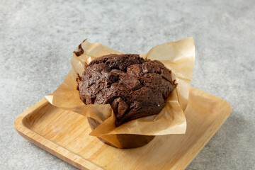 A view of a chocolate muffin.