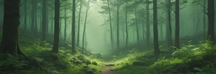 Fototapeta premium Abstract green, ethereal, hazy forest scene, diffused light, soft focus, unclear shapes, canopy, background, spring