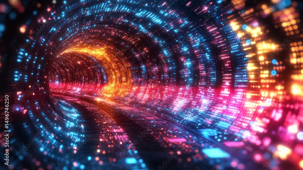 Poster neon data tunnel: a mesmerizing journey through a vibrant tunnel of neon lights and digital data, ev