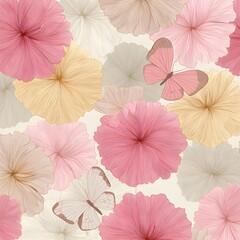 Elegant floral pattern with butterflies in soft pastel hues