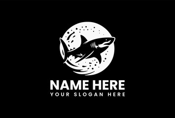 Aggressive black silhouette vector logo of a shark surrounded by abstract bubbles and water splashes. Ocean life concept